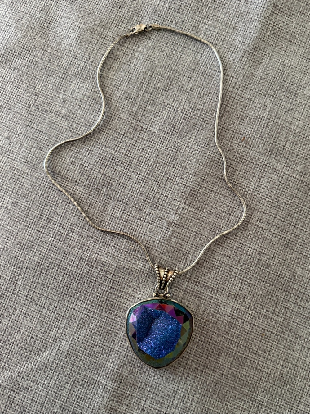 Blue Titanium Druzy Quartz Necklace Sterling Silver | Iridescent Geode Pendant